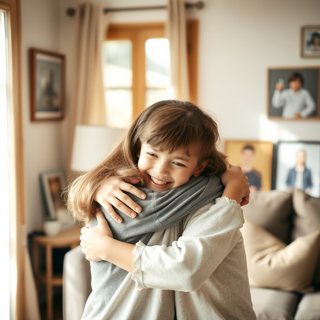 A touching scene of a mother and her son sharing a warm hug in a cozy living room