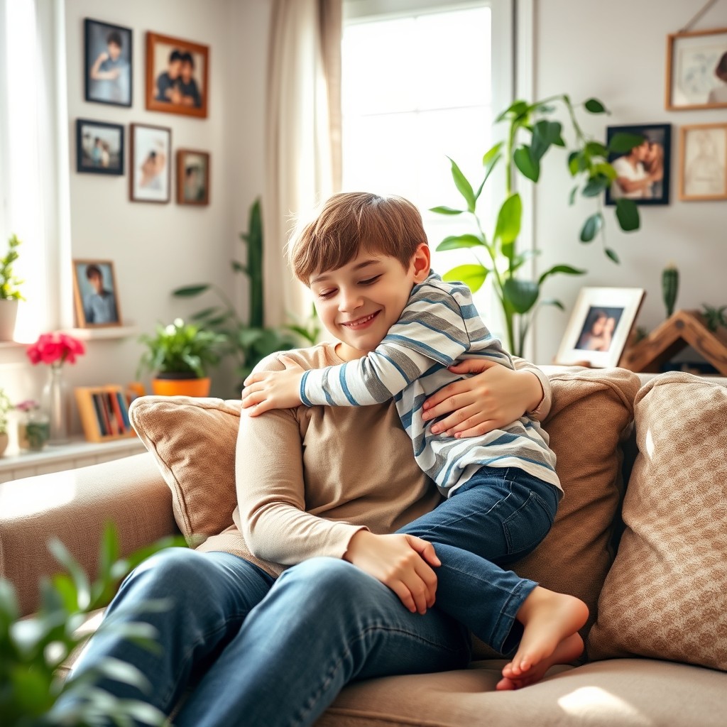A heartwarming scene of a mother and son enjoying a moment together in a cozy living room