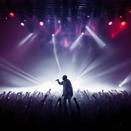 A passionate rapper performing live on stage, influential energy radiating off him, as dynamic lights and a captivated audience fill the background.