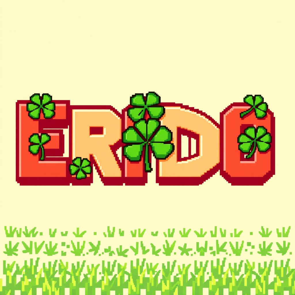 A pixel art style graphic featuring the letters "ERDO" creatively designed with clovers integrated into the text