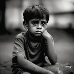 A young boy, sitting alone, showcasing expressive sadness on his face with tear stains on his cheeks, amid a dull and gloomy background.