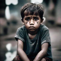 A young boy, sitting alone, showcasing expressive sadness on his face with tear stains on his cheeks, amid a dull and gloomy background.