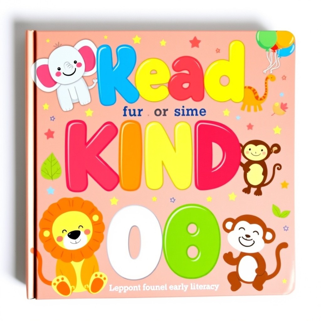 A colorful and cute children's book cover featuring playful illustrations of various animals such as a cheerful elephant, a smiling lion, and a giggling monkey