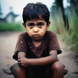 A young boy, sitting alone, showcasing expressive sadness on his face with tear stains on his cheeks, amid a dull and gloomy background.