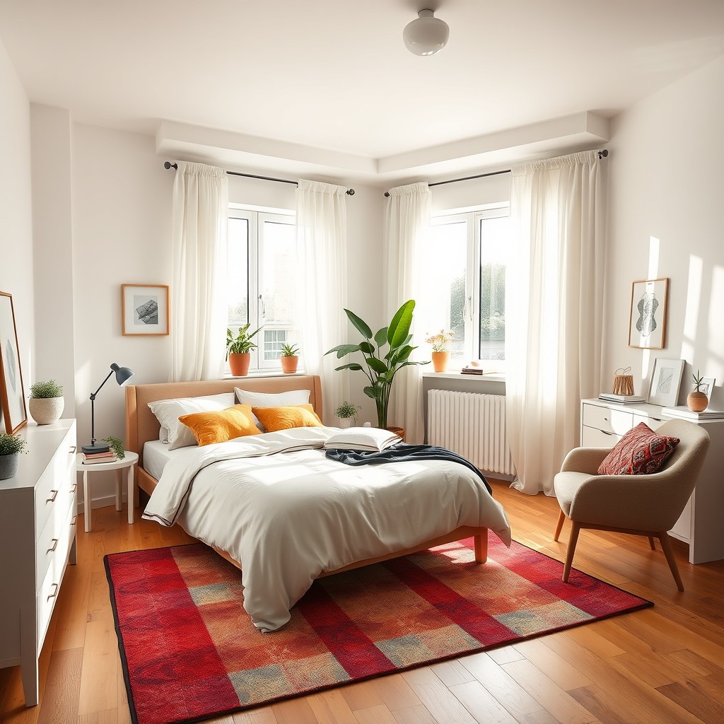 A beautifully decorated bedroom featuring Ikea furniture, showcasing a modern Scandinavian design