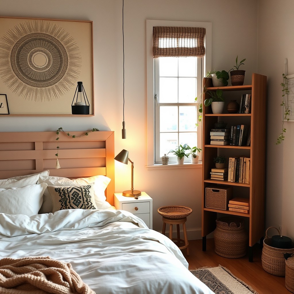 A dreamy modern bedroom showcasing upcycled Ikea furniture, creating a unique and stylish ambiance