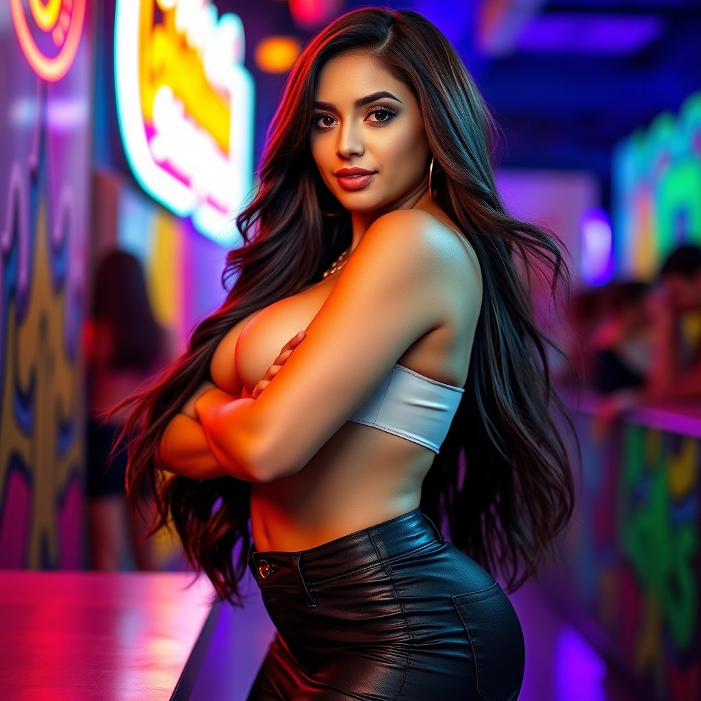 A beautiful, confident Latina woman posing in an alluring manner, showcasing her curvy figure