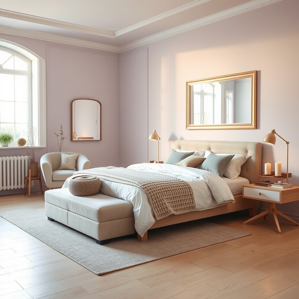Un interior de dormitorio recientemente pintado, mostrando paredes de un suave color pastel como menta o lavanda que crean una atmósfera relajante