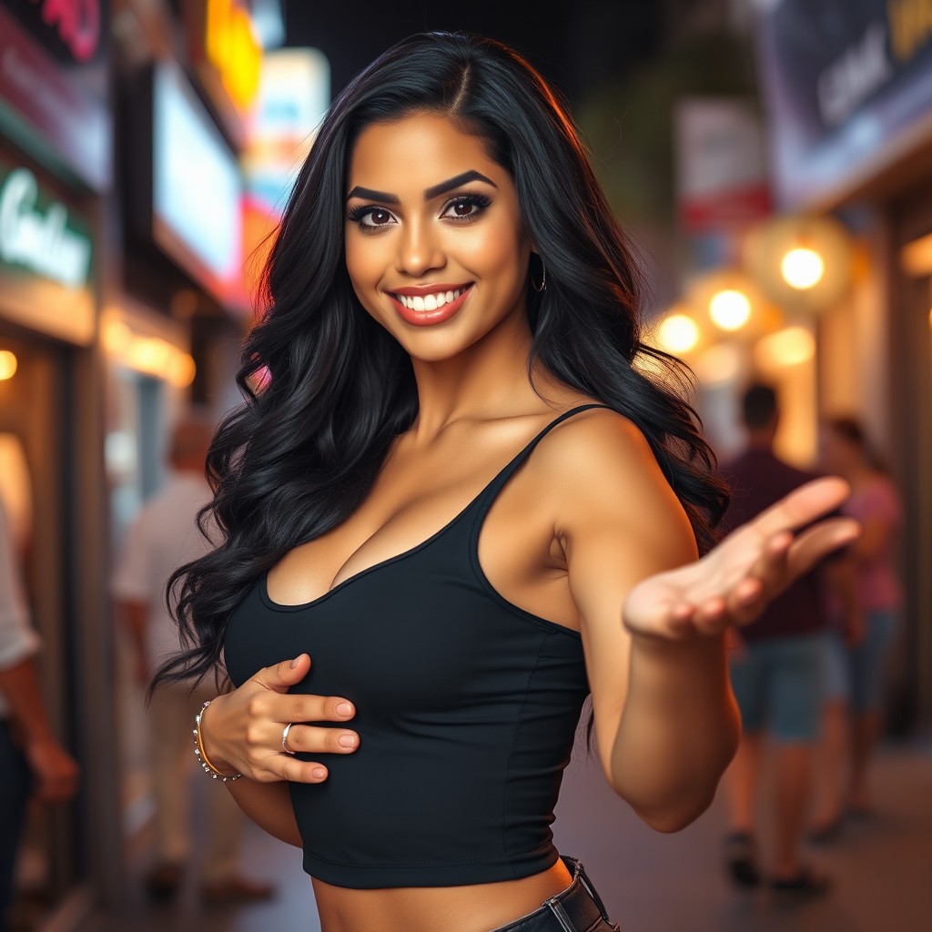 A striking Latina woman presenting herself confidently, showcasing her alluring figure