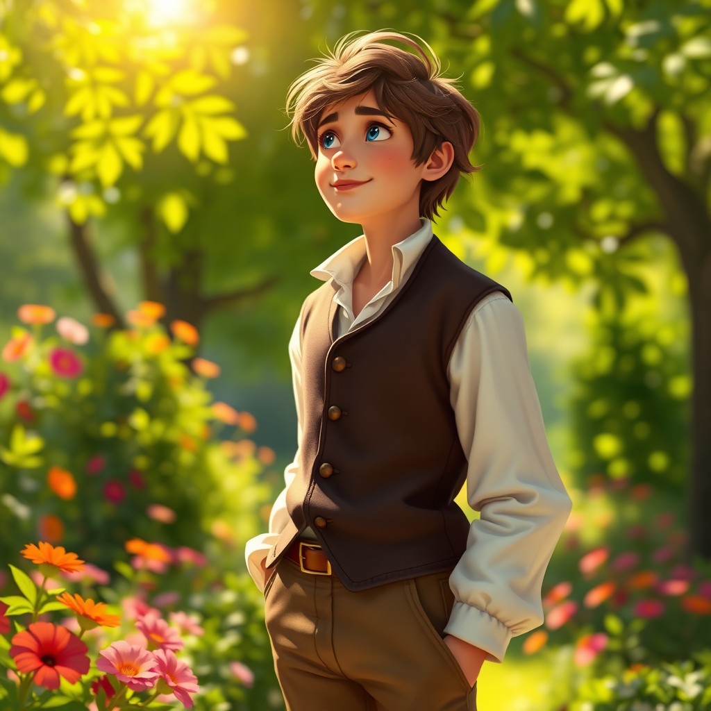 A digital portrait of a character inspired by "Candide", featuring a young, optimistic man dressed in 18th-century European attire, including a waistcoat and breeches, with a slightly tousled hairstyle