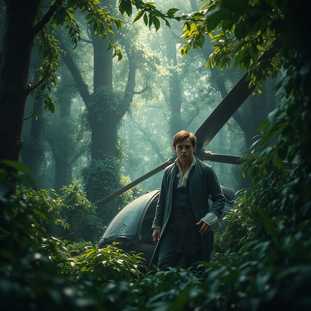 A dramatic scene depicting a character inspired by "Candide" who has crashed a helicopter in a dense, sponge-like wet forest