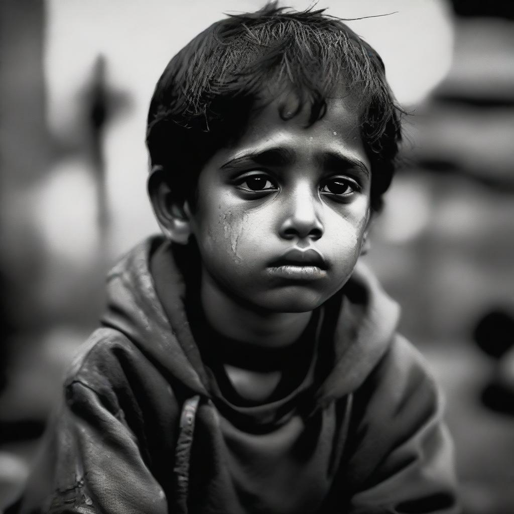 A young boy, sitting alone, showcasing expressive sadness on his face with tear stains on his cheeks, amid a dull and gloomy background.