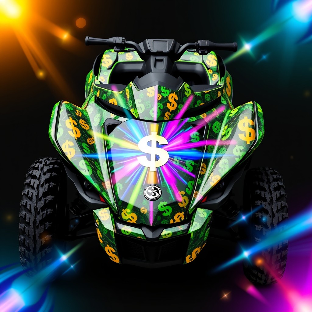 A vibrant and eye-catching design for the wrap of a Can-Am X3, featuring various dollar symbols, peso signs, and colorful flashes or sparkles