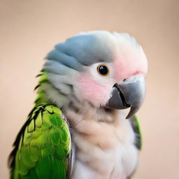 A small baby parrot looking downtrodden and sad, its bright feathers muted and its eyes filled with emotion, set against a neutral background.