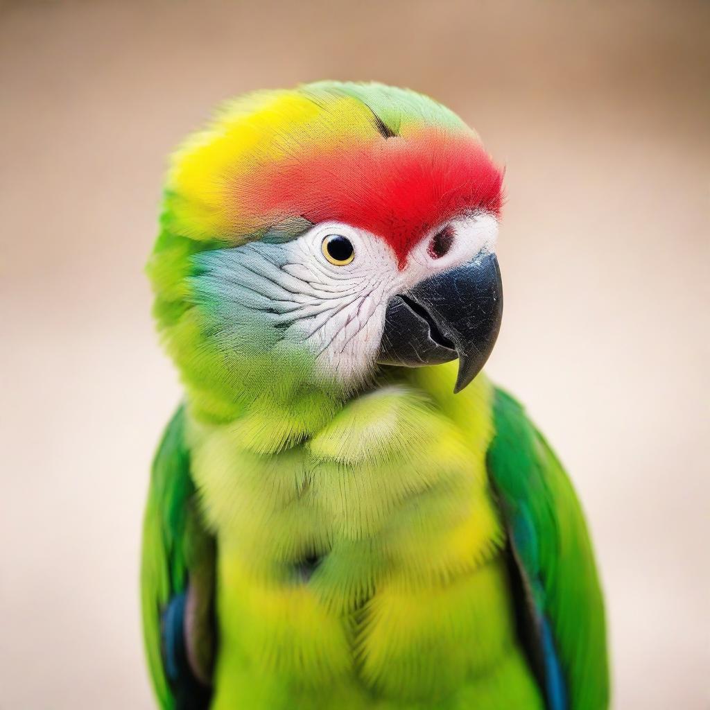 A small baby parrot looking downtrodden and sad, its bright feathers muted and its eyes filled with emotion, set against a neutral background.