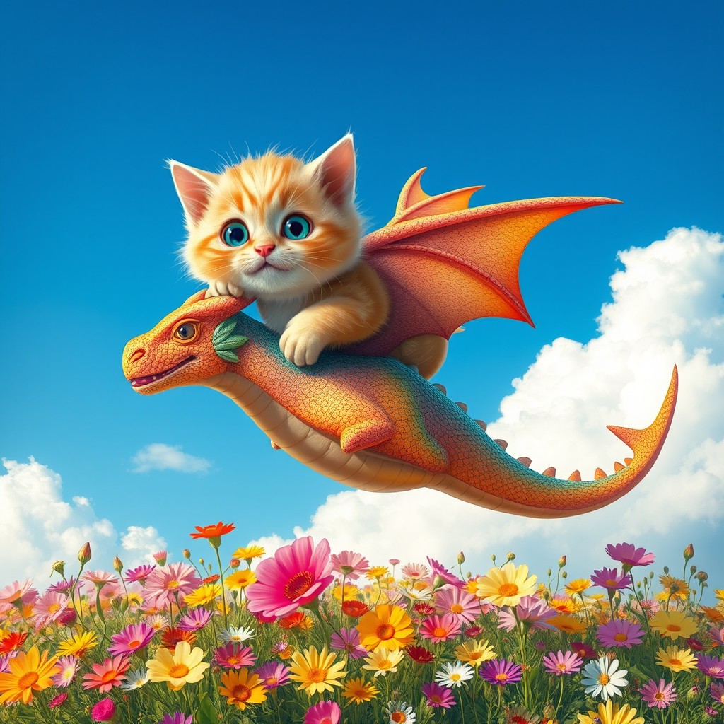 A whimsical scene featuring a fluffy, playful cat with big bright eyes, joyfully soaring through a vivid blue sky while clutching onto the back of a majestic dragon