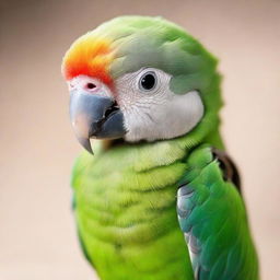 A small baby parrot looking downtrodden and sad, its bright feathers muted and its eyes filled with emotion, set against a neutral background.