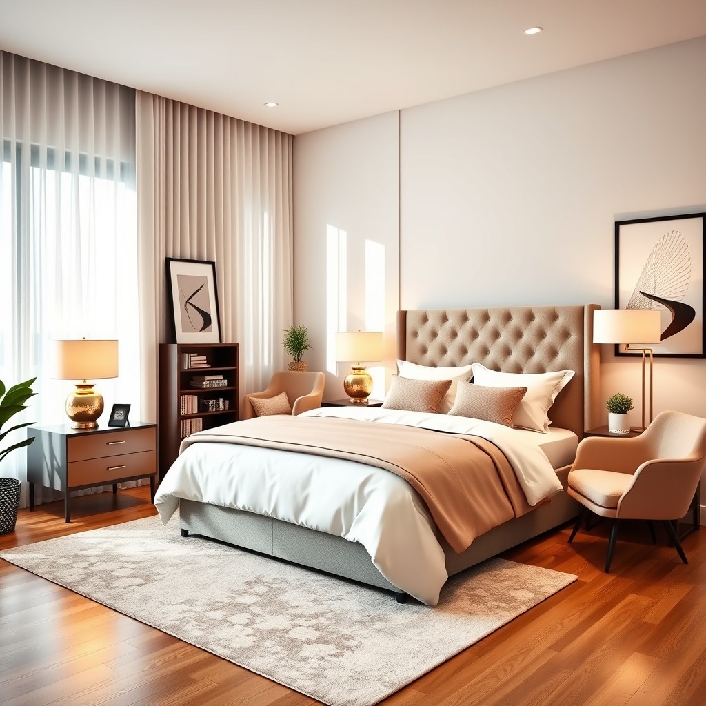 A modern interior design of a bedroom focused on comfort and style, featuring a queen-sized bed with a luxurious upholstered headboard