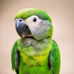 A small baby parrot looking downtrodden and sad, its bright feathers muted and its eyes filled with emotion, set against a neutral background.