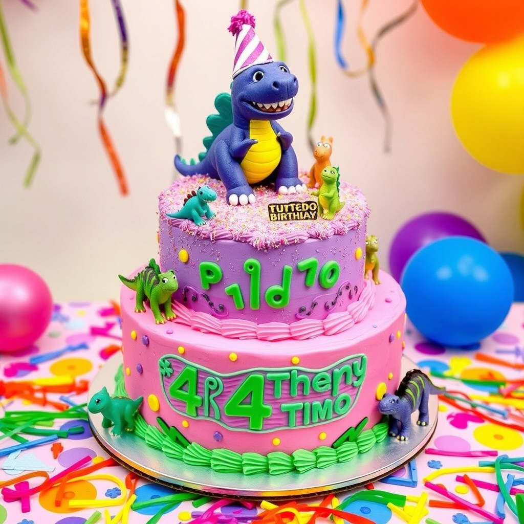 A whimsical birthday cake designed for a 4-year-old girl's birthday party, featuring a theme of turbo dinosaurs
