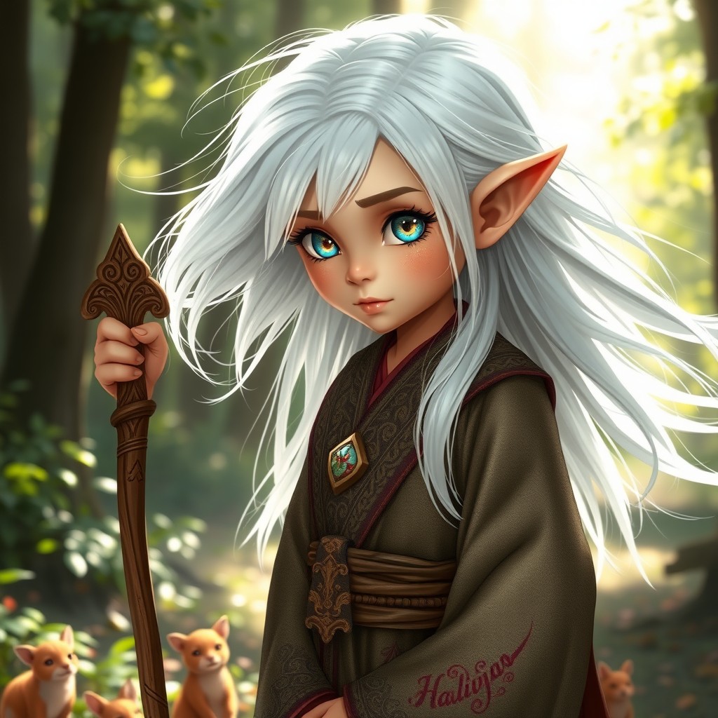 A halfling priest with striking white hair flowing gently in the breeze, standing in a serene forest setting
