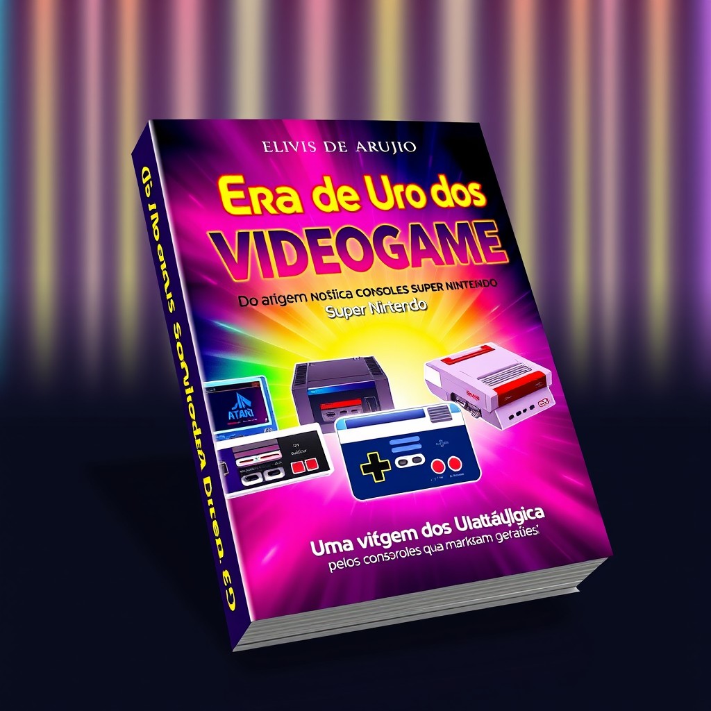 A vibrant and nostalgic book cover for 'Era de Ouro dos Videogames: Do Atari ao Super Nintendo' by Elvis de Araujo