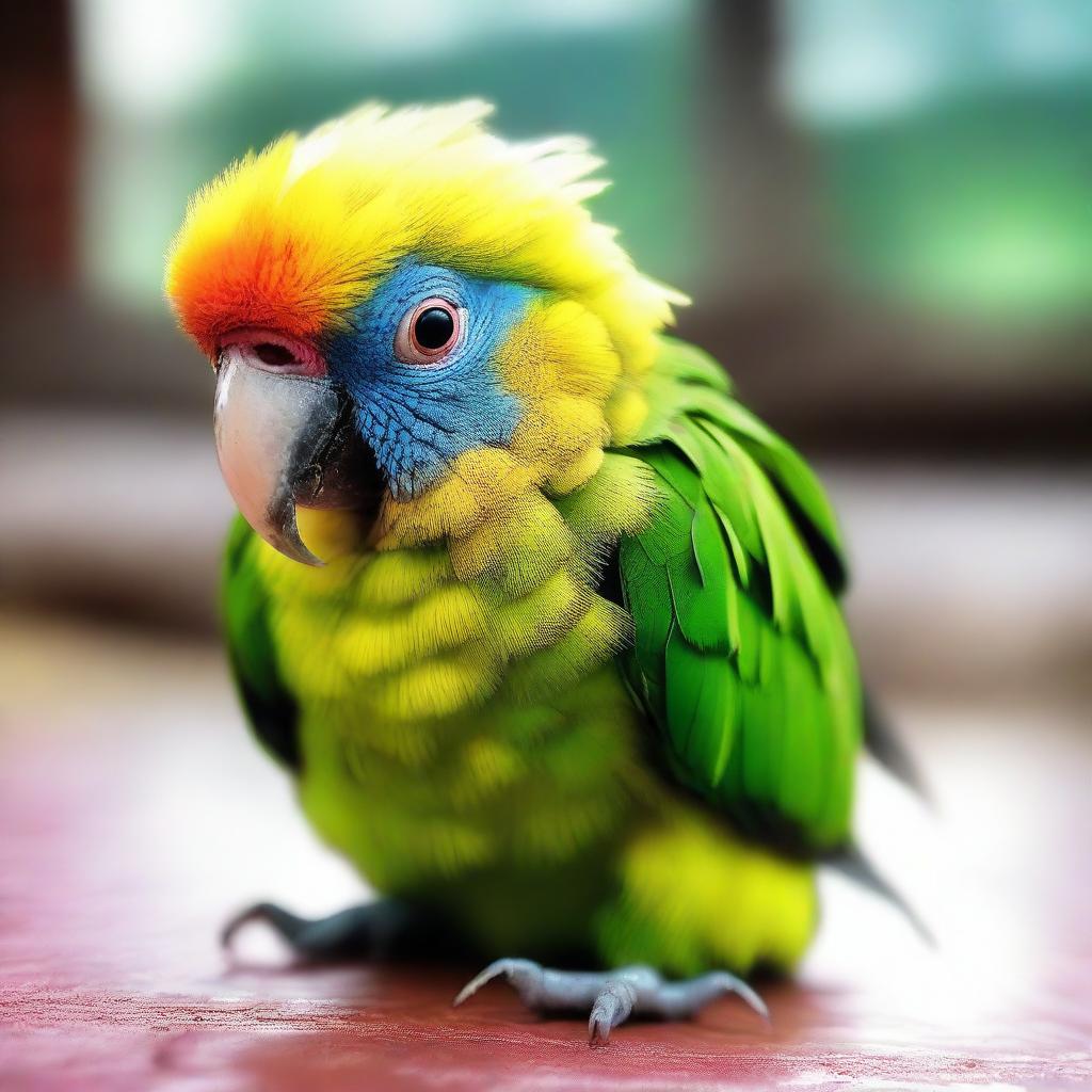 A baby parrot, shedding tiny tears, letting out a soft cry, its bright feathers contrasting with its current mood, situated in a cozy yet somber ambiance.