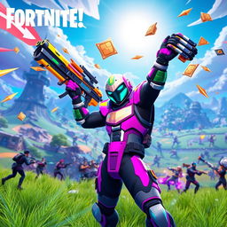 A dynamic Fortnite gaming scene featuring a character in vibrant, colorful armor wielding a futuristic weapon