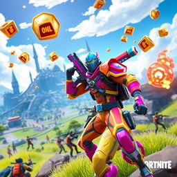 A dynamic Fortnite gaming scene featuring a character in vibrant, colorful armor wielding a futuristic weapon