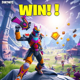 A dynamic Fortnite gaming scene featuring a character in vibrant, colorful armor wielding a futuristic weapon