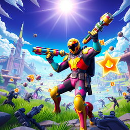 A dynamic Fortnite gaming scene featuring a character in vibrant, colorful armor wielding a futuristic weapon