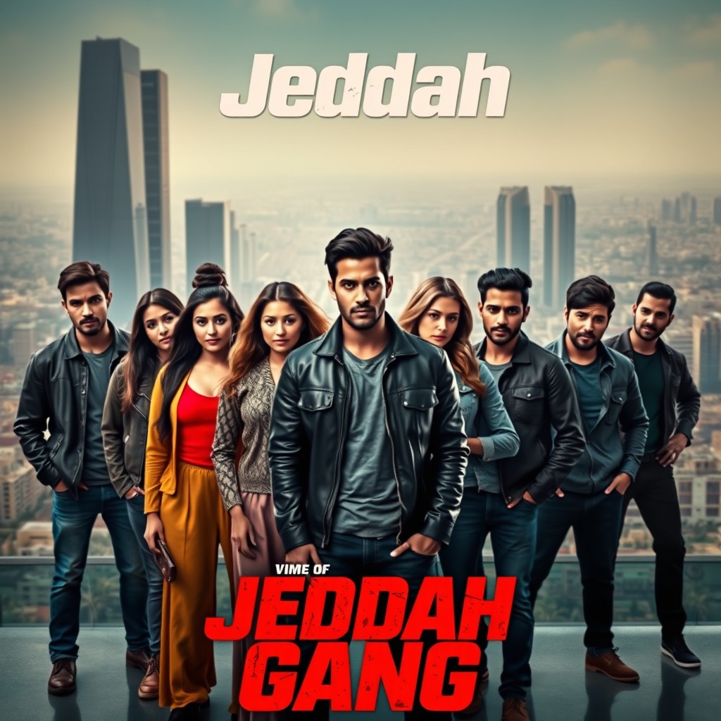 A cinematic poster featuring a group of diverse young adult men and women, likely Middle Eastern, standing in a city skyline setting