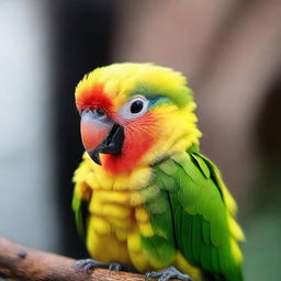 A baby parrot, shedding tiny tears, letting out a soft cry, its bright feathers contrasting with its current mood, situated in a cozy yet somber ambiance.