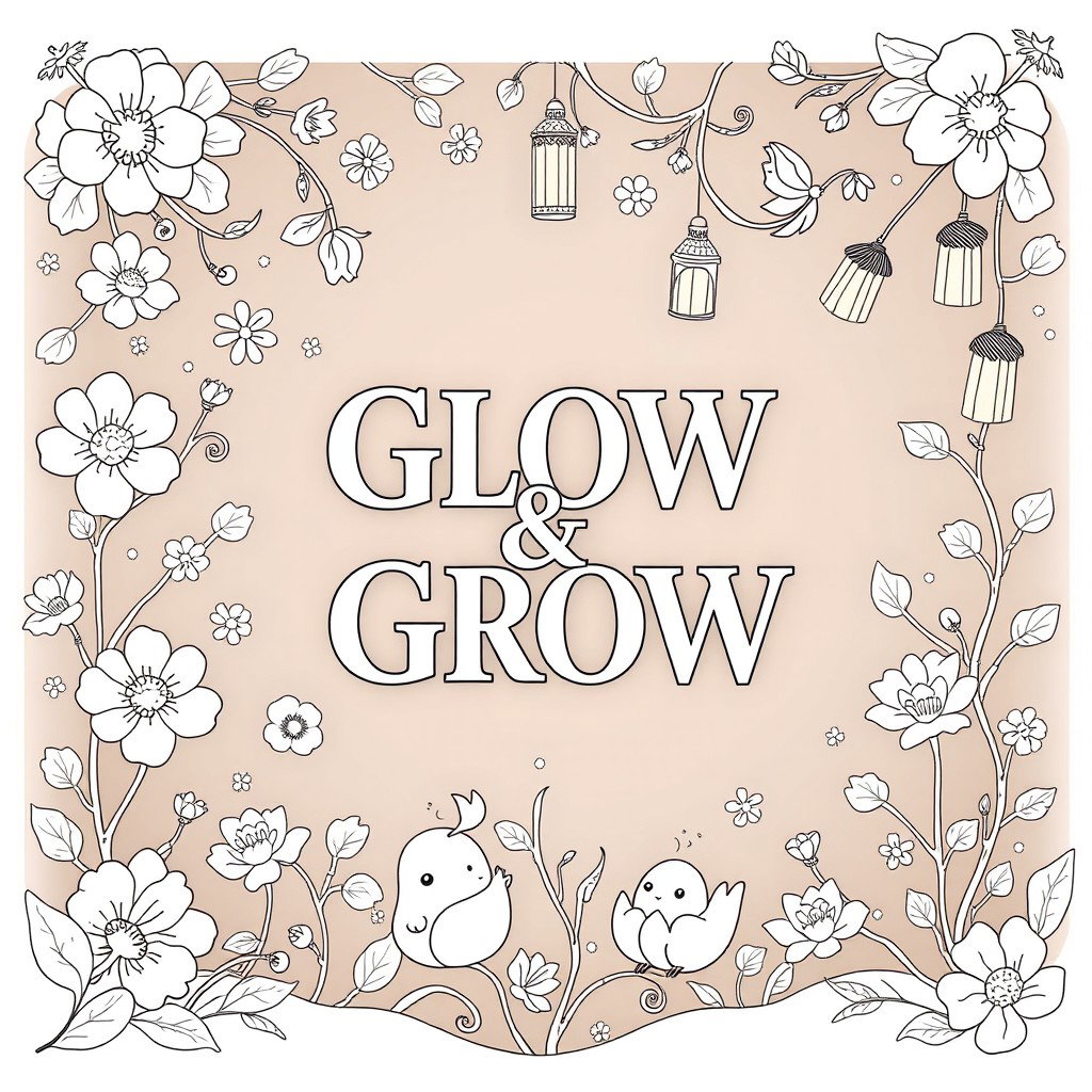 A cozy, whimsical, and inviting cover design for the coloring book "Glow & Grow