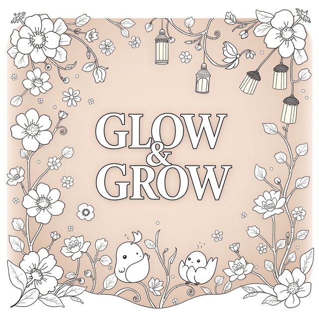 A cozy, whimsical, and inviting cover design for the coloring book "Glow & Grow