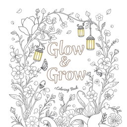 A cozy, whimsical, and inviting cover design for the coloring book "Glow & Grow