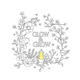 A cozy, whimsical, and inviting cover design for the coloring book "Glow & Grow