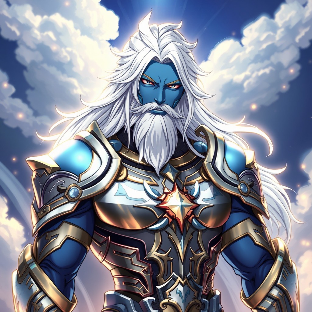 Aasimar male character with striking blue skin, wearing intricately designed armor that glimmers in the light