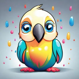 A cartoon illustration of a crying baby parrot with vibrant hues, exaggerated large tear drops falling from its glossy eyes, exuding a sense of endearing innocence and soft melancholy.