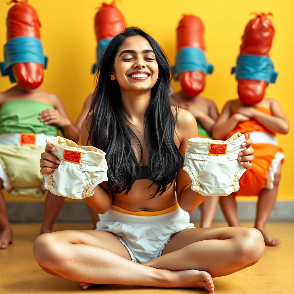 A hot Pakistani young woman, 18 years old, sitting cross-legged and smiling with her eyes closed, expressing joy and carefree nature