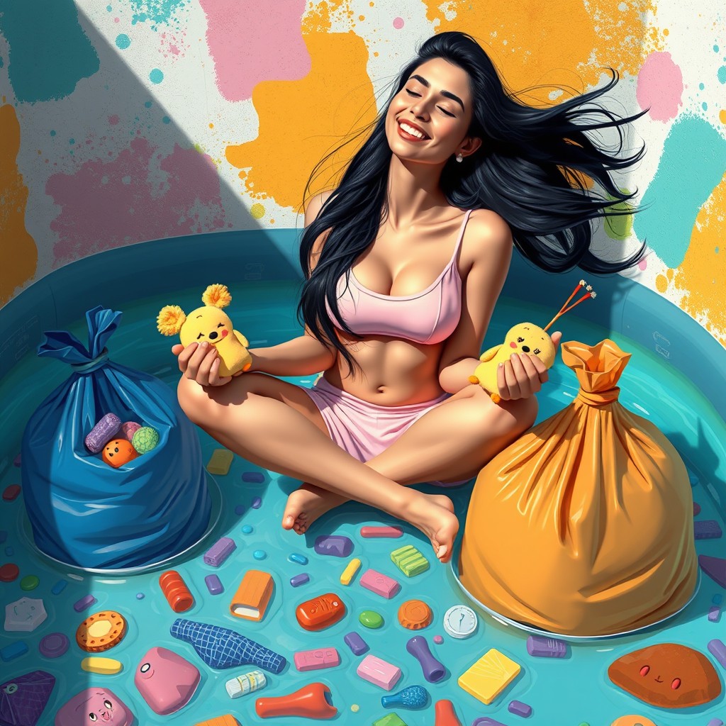 A surreal and exaggerated scene featuring a hot Pakistani woman with flowing black hair, 18 years old, smiling contently with her eyes closed