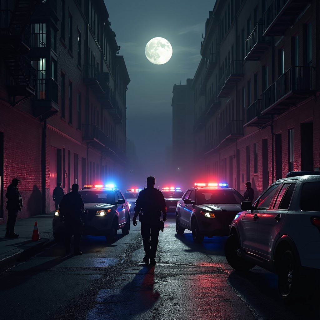 In a dark and gritty urban alley, a high-stakes crime scene unfolds
