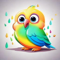 A cartoon illustration of a crying baby parrot with vibrant hues, exaggerated large tear drops falling from its glossy eyes, exuding a sense of endearing innocence and soft melancholy.