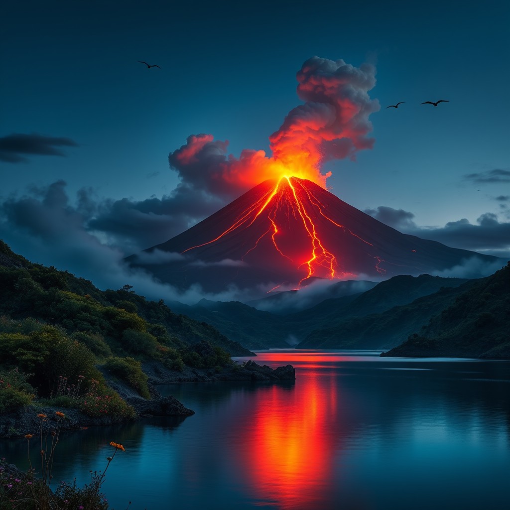 A magnificent volcanic landscape with a towering volcano erupting in the distance, casting a fiery glow in the dark twilight sky