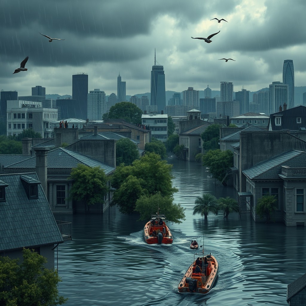 A dramatic scene of a city submerged in floodwaters, with buildings partially underwater and rescue boats navigating through the streets