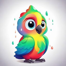 A cartoon illustration of a crying baby parrot with vibrant hues, exaggerated large tear drops falling from its glossy eyes, exuding a sense of endearing innocence and soft melancholy.