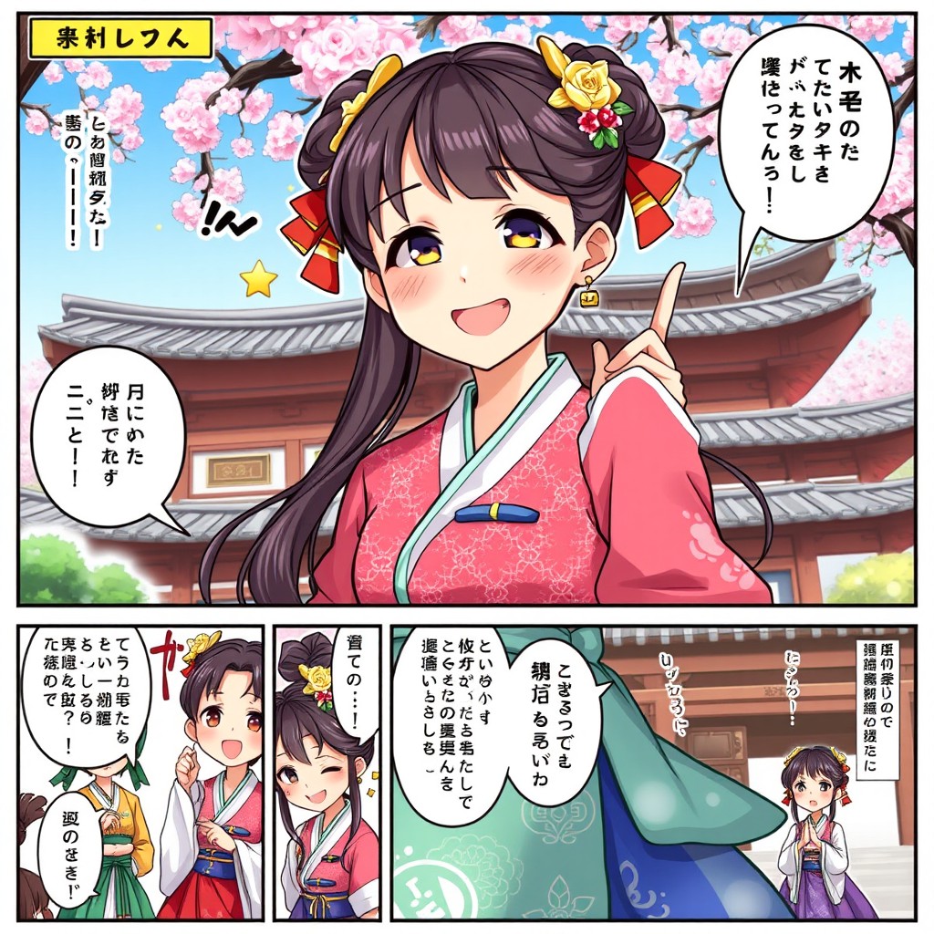A vibrant comic strip featuring a beautiful Korean female character dressed in a traditional hanbok