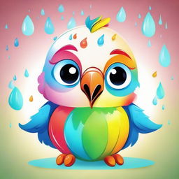 A cartoon illustration of a crying baby parrot with vibrant hues, exaggerated large tear drops falling from its glossy eyes, exuding a sense of endearing innocence and soft melancholy.