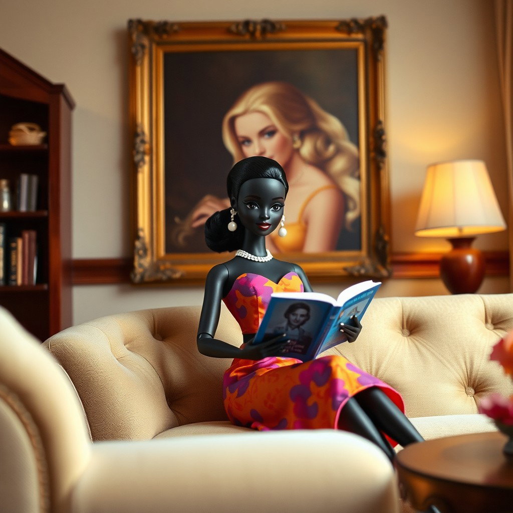 A black Barbie doll sitting in a stylish living room, elegantly dressed in a vibrant dress, engrossed in reading a book