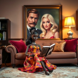 A black Barbie doll sitting in a stylish living room, elegantly dressed in a vibrant dress, engrossed in reading a book